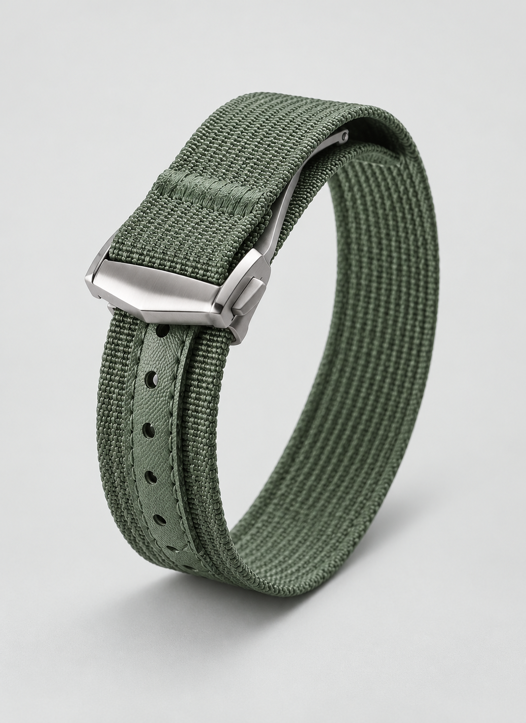 Green nylon watch strap with folding clasp