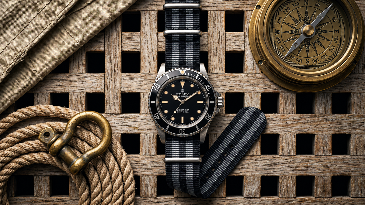 Vintage dive watch with striped nylon strap on weathered wood with rope and brass compass
